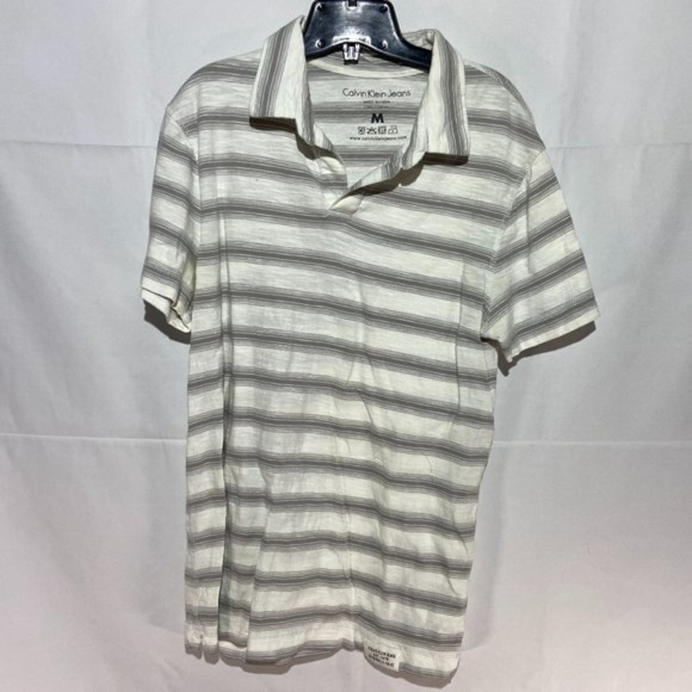 Calvin Klein White Grey Striped Polo Shirt LIKE NEW‎